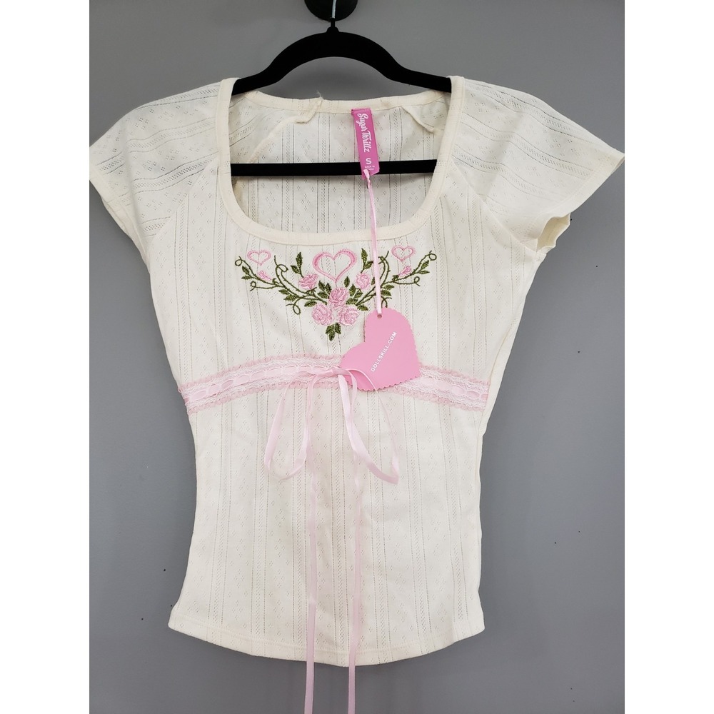 SMALL Cottagecore Lace Embroidered y2k babydoll tshirt coquette kawaii lolita